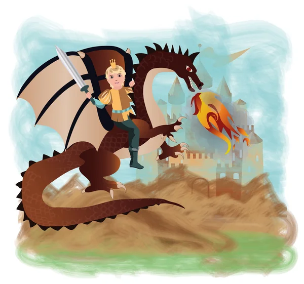 Príncipe corajoso e dragão mágico, ilustração vetorial — Vetor de Stock