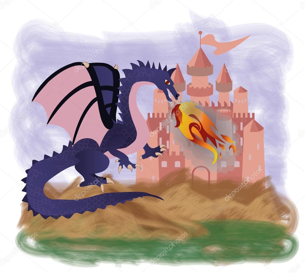 Fantastic Dragon and magic castle, vector illustration