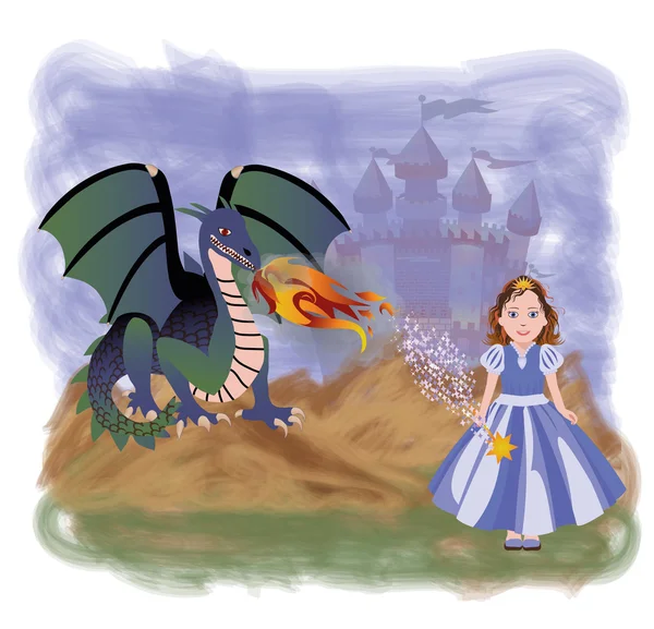 Joven princesa y dragón mágico, ilustración vectorial — Vector de stock