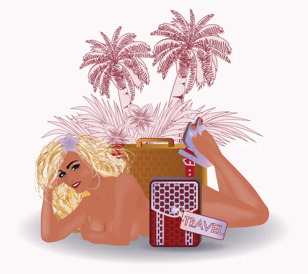 Verão menina de viagem sexy, ilustração vetorial —  Vetores de Stock