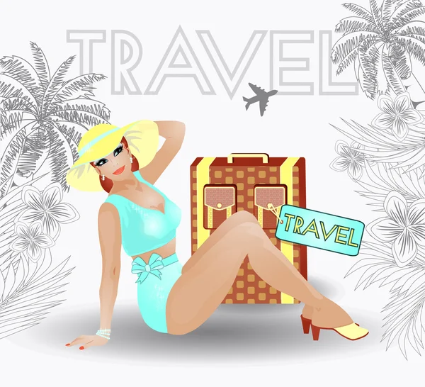 Summer travel pin up sexy women, vector illustration — Stock Vector