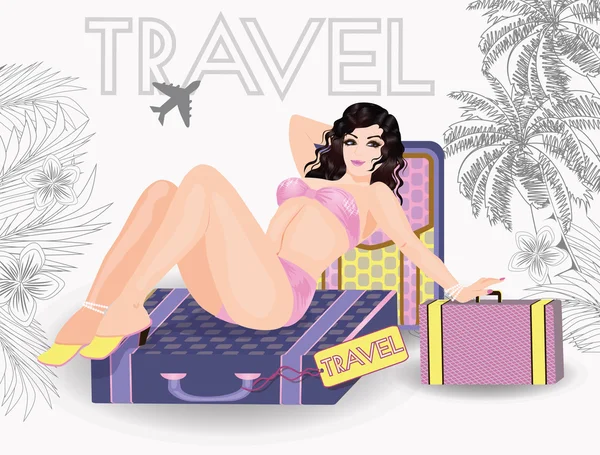 Summer travel sexy pin up young girl, vector illustration — Stock Vector