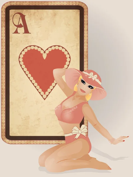 Corações cartão de poker com pin up sexual menina, ilustração vetorial — Vetor de Stock