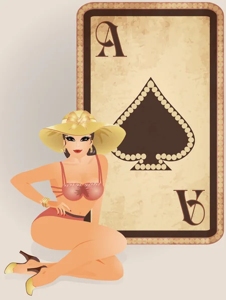 Piky poker karty s pin se sexuální dívka, vektorové ilustrace — Stockový vektor