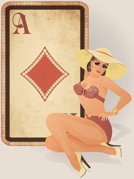 Diamanti poker card con pin up ragazza sexy, illustrazione vettoriale — Vettoriale Stock