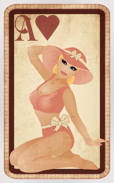 Corações cartas de poker pin up mulher, ilustração vetorial —  Vetores de Stock