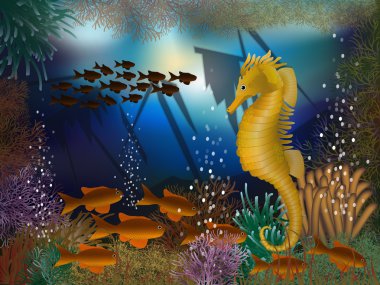 Underwater wallpaper with seahorse and shipwrecks, vector illustration clipart