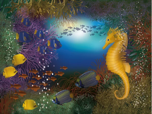 Fondo de pantalla submarino con caballitos de mar y peces, ilustración vectorial — Vector de stock