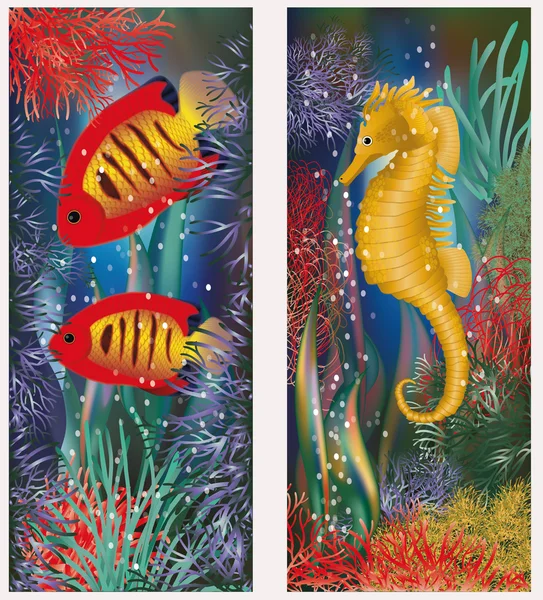 Underwater banners med Sjöhäst och röda tropiska fiskar, vektor illustration — Stock vektor