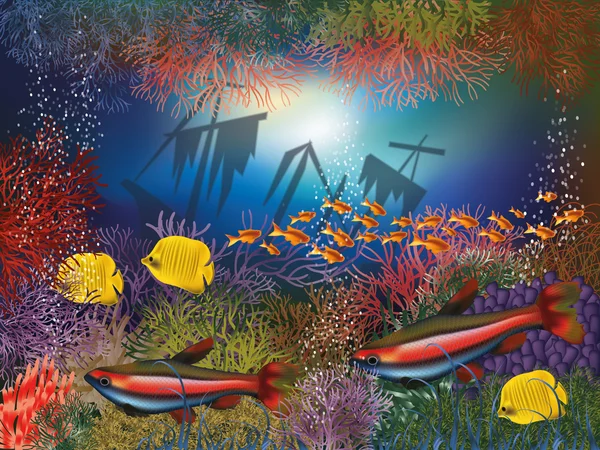 Подводные обои с кораблекрушениями и тропическими рыбами, векторная иллюстрация — стоковый вектор