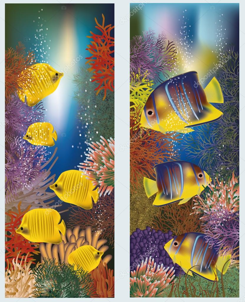 Underwater banners with yellow tropical fish, vector illustration