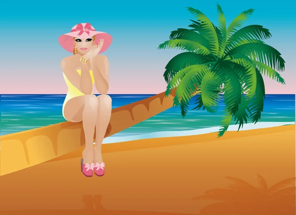 Verão pin up sexy menina e palmtree, ilustração vetorial — Vetor de Stock