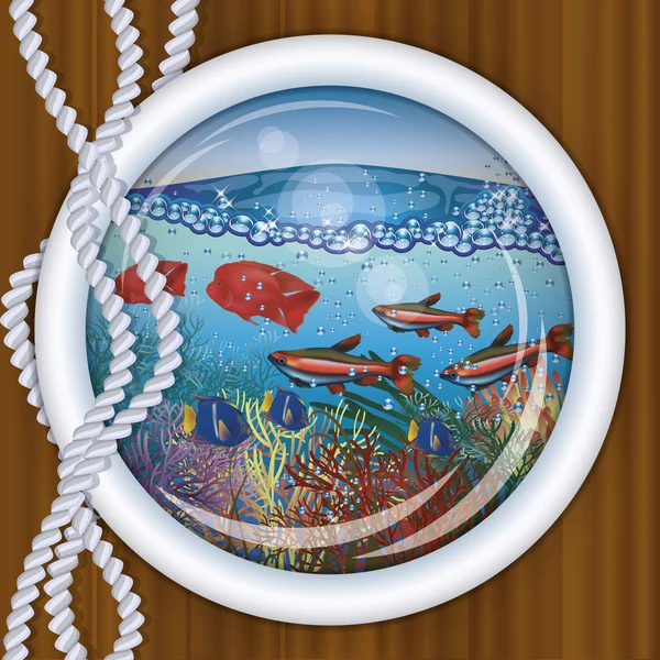 Hublot de navire fond sous-marin tropical, illustration vectorielle — Image vectorielle