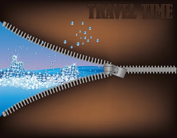 Reisezeit. Reißverschluss öffnet einen tropischen Strand, Vektor-Illustration — Stockvektor