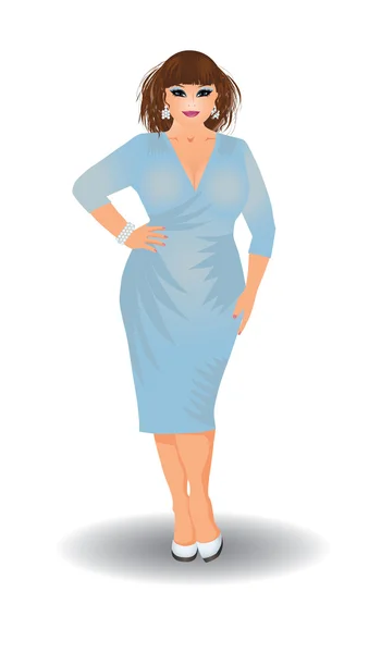 Schöne Plus-Size-Frau im blauen Kleid, Vektor-Illustration — Stockvektor