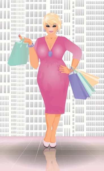 Plus size shopping loira mulher, ilustração vetorial — Vetor de Stock