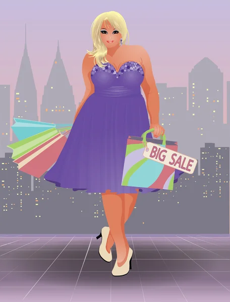 Plus size shopping girl, vector illustration — ストックベクタ