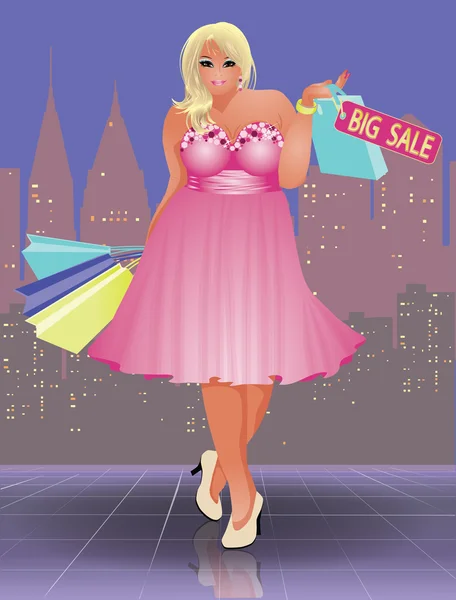 Plus storlek shopping kvinna i staden, vektor illustration — Stock vektor