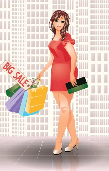Plus size shopping moda donna, illustrazione vettoriale — Vettoriale Stock