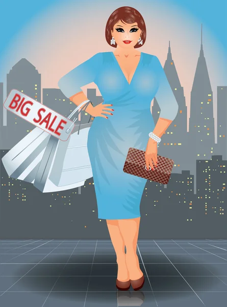 Plus size shopping woman in city, vector illustration — Stock Vector