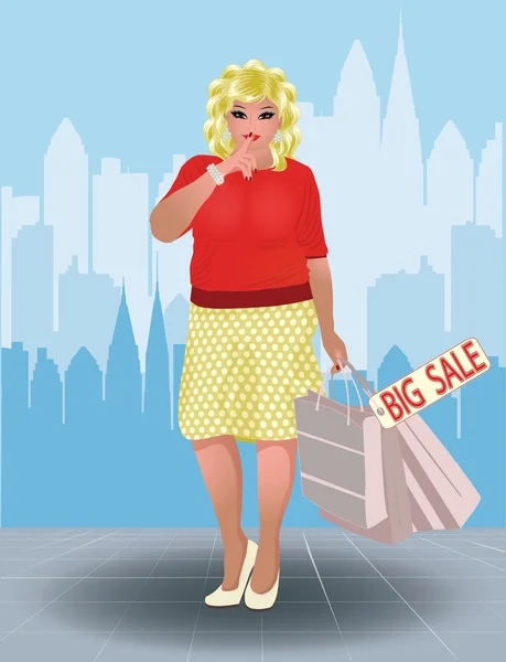 Plus size shopping woman in city, vector illustration — Stock Vector