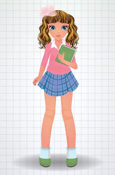 Beautiful school girl with book, vector illustration — Stock Vector