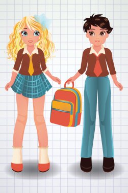 Sevimli okul kız ve erkek, vektör çizim