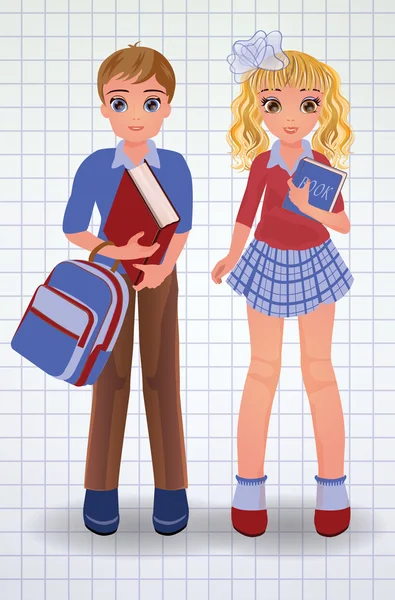 Schattig school jongen en meisje met boek, vectorillustratie — Stockvector