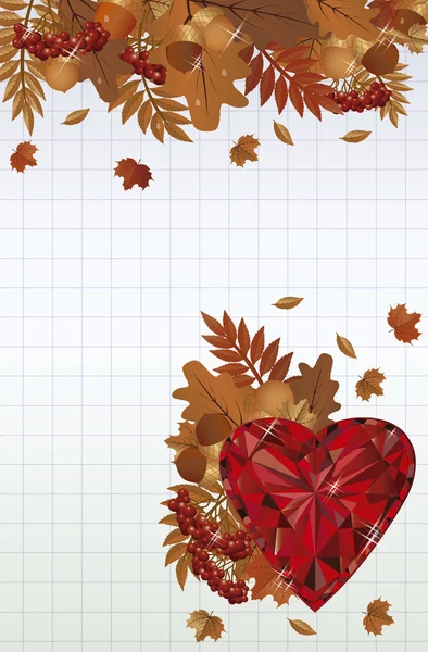 Φθινόπωρο κάρτα με ρουμπίνι καρδιά, εικονογράφηση φορέας — Διανυσματικό Αρχείο