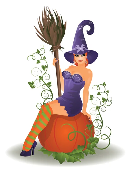 Halloween witch and pumpkin, vector illustration — Stock Vector