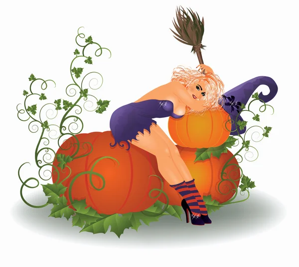 Bruxa sexy de Halloween com abóboras, ilustração vetorial — Vetor de Stock