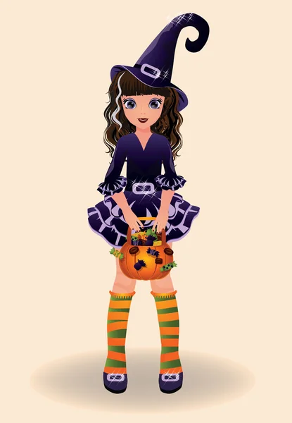 Halloween petite sorcière et bonbons, illustration vectorielle — Image vectorielle