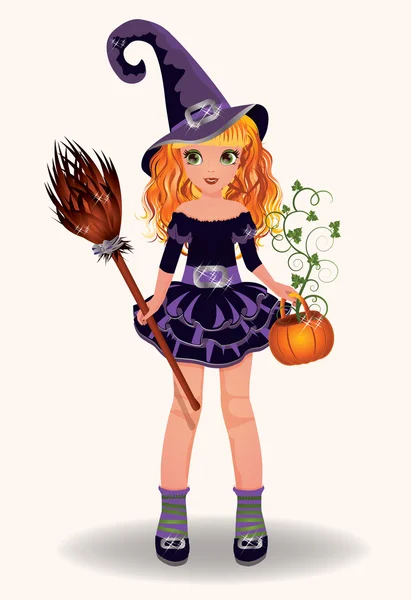 Brujita de Halloween con calabaza y escoba, ilustración vectorial — Vector de stock