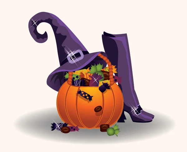 Halloween-Kürbis mit Hexenhut und Stiefeln, Vektorillustration — Stockvektor