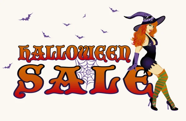 Halloween försäljning kort, shopping häxa, vektor illustration — Stock vektor