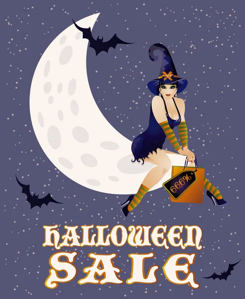 Halloween sale background shopping witch, vector illustration — Stock Vector