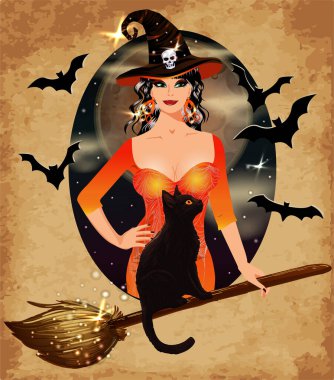 Mutlu Cadılar Bayramı kartı, genç cadı ve kara kedi, vektör illüstrasyonu