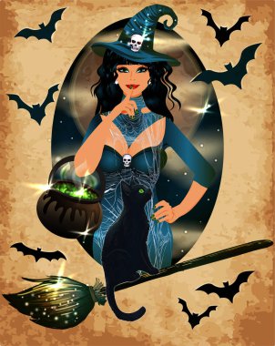 Cadılar Bayramı VIP kartı, genç cadı ve kara kedi, vektör illüstrasyonu