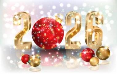 2026 altın yeni yıl VIP kartı Xmas topları, vektör illüstrasyonu
