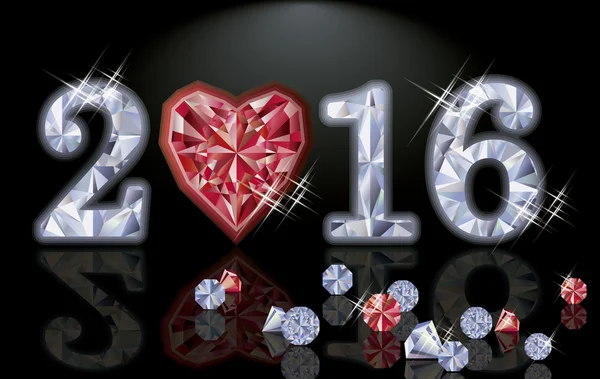 Felice anno nuovo 2016 cuore di poker rubino, illustrazione vettoriale — Vettoriale Stock