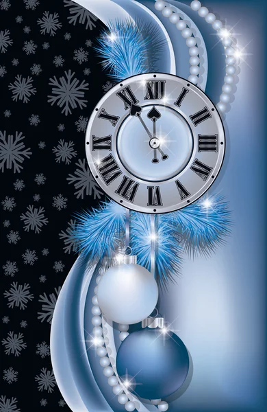 Banner de Año Nuevo con reloj, ilustración de vectores — Vector de stock