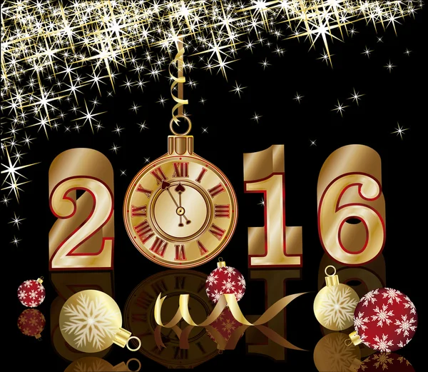 Neue Jahreskarte 2016 mit goldener Uhr, Vektorabbildung — Stockvektor