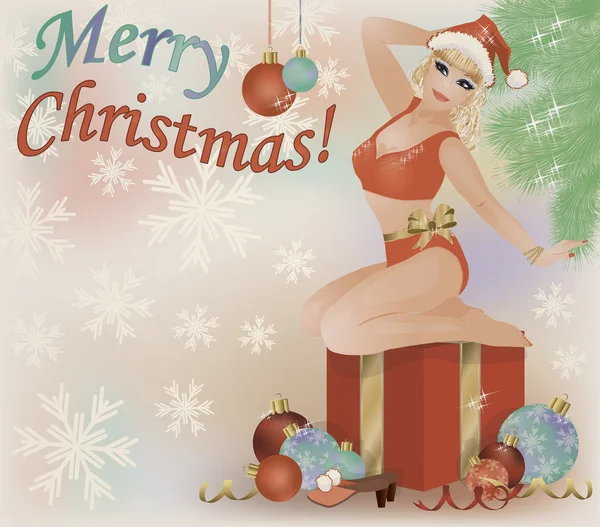 Merry Christmas pinup blonde santa meisje briefkaart, vectorillustratie — Stockvector