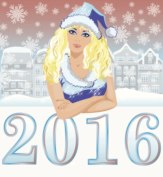 Boldog új 2016 év háttér és a gyönyörű santa lány, vektoros illusztráció — Stock Vector