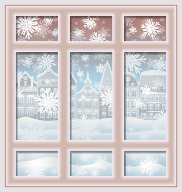Winter city window, xmas wallpaper vector illustration