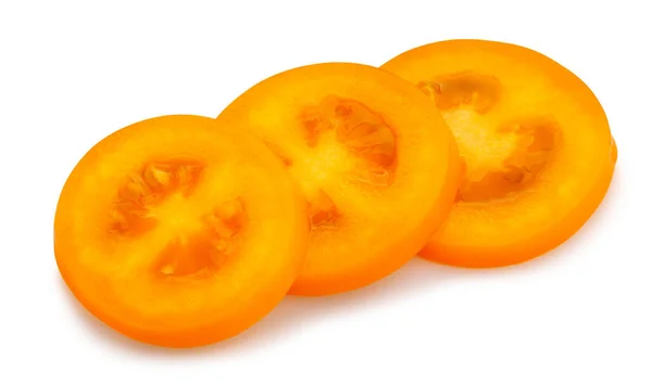 Scheiben Geschnittene Orange Pflaume Tomaten Pfad Isoliert Auf Weiß — Stockfoto