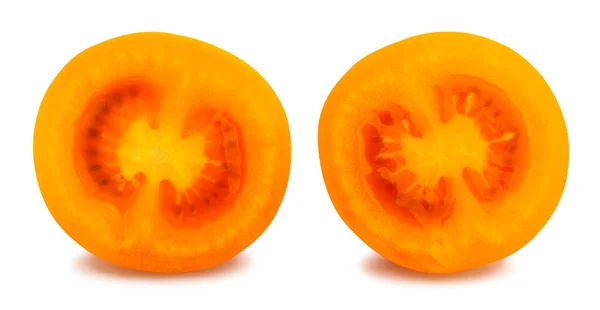 Scheiben Geschnittene Orange Pflaume Tomaten Pfad Isoliert Auf Weiß — Stockfoto