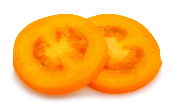 Scheiben Geschnittene Orange Pflaume Tomaten Pfad Isoliert Auf Weiß — Stockfoto