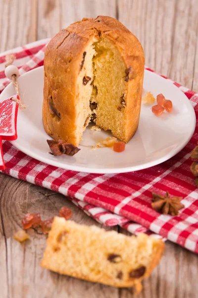 Panettone Pastel Navidad Mesa Madera — Foto de Stock