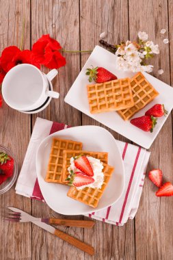 Çilekli waffle ve krem şantili.